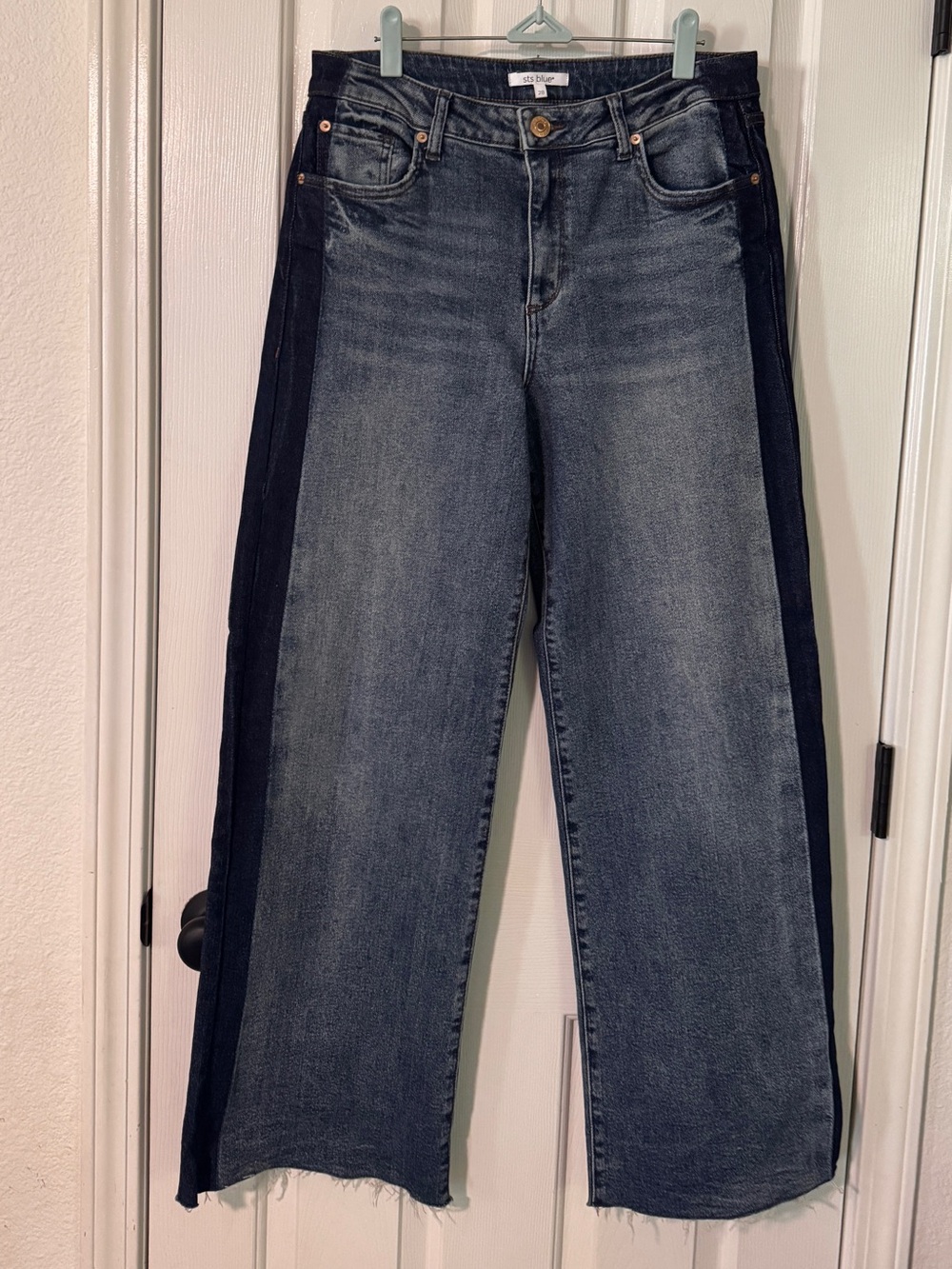 STS Blue Two-Tone Wide Barrel Leg Jeans in Medium and Dark Blue